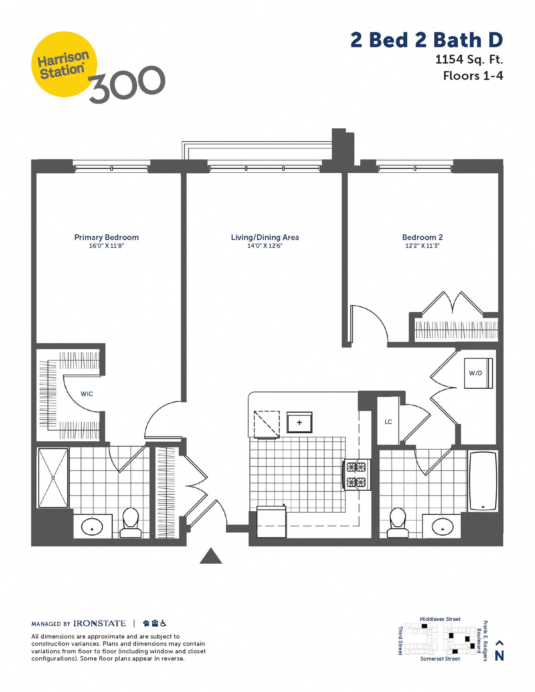 Floor plan for 2 beds, 2 baths, 1154 sqft